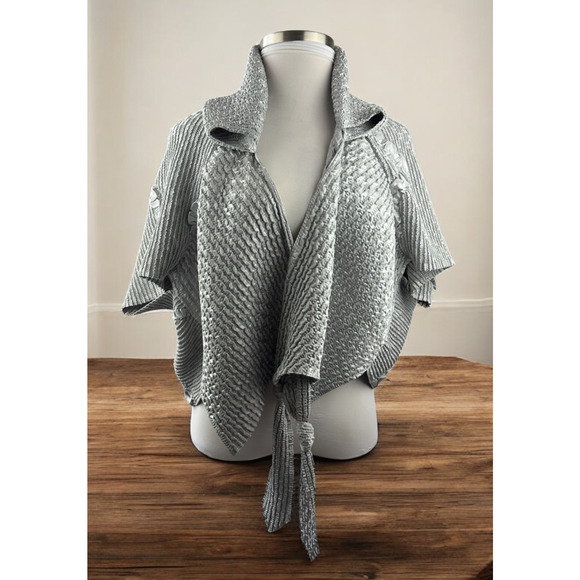 Candiss Cole Art-To-Wear Jacket Silver Crinkle Open Front One Size Quiet Luxury - Picture 9 of 16